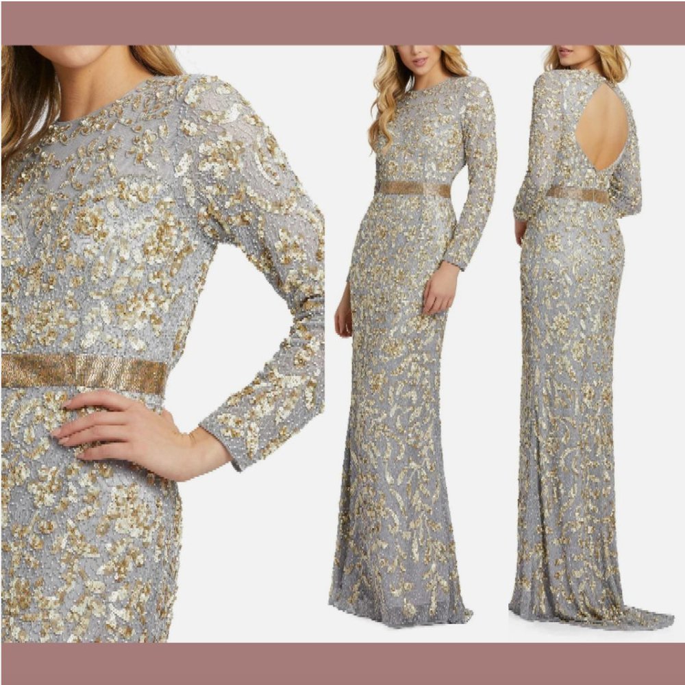NWT $598 Mac Duggal‎ [ SZ 8 ] Long Sleeve Embellished Gown Platinum Gold #Q659